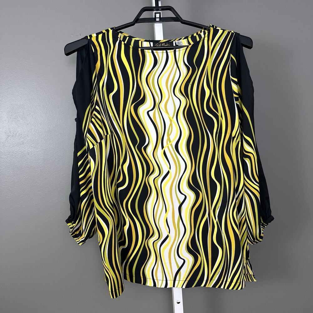 Bob Mackie Wearable Art Large Cold Shoulder Blouse Yellow Black Wavy Print Top